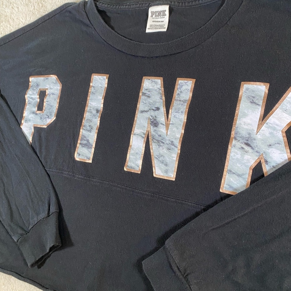 Victoria’s Secret PINK Black Long Sleeve Cropped Tee Metallic Y2K S Off Shoulder